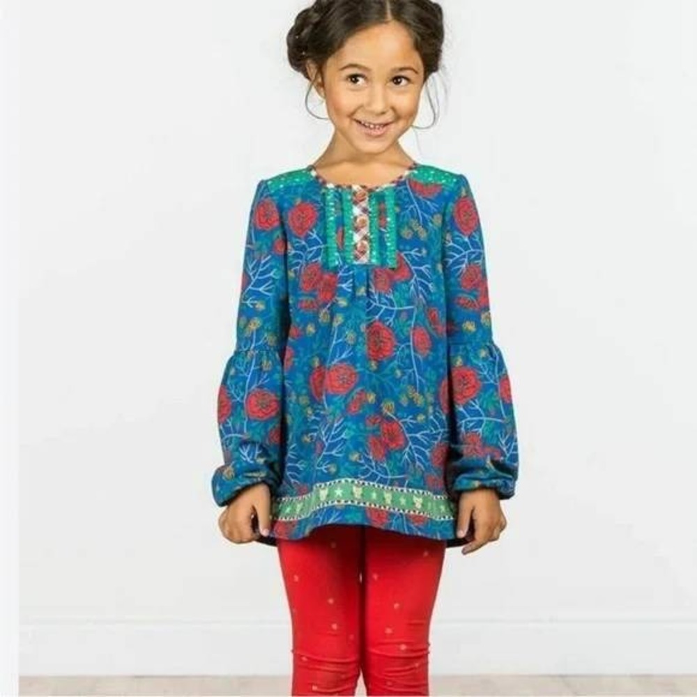 Matilda Jane‎ Girls I Believe Tunic Top 6 Floral Blue Red Holiday Cats